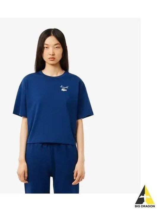 Women s graphic point short sleeve t shirt dark blue - LACOSTE - BALAAN 1