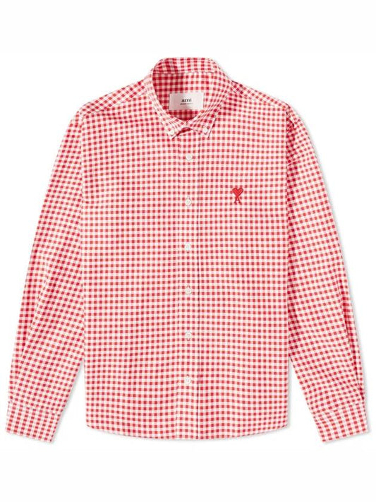 Small Heart Logo Gingham Button Long Sleeves Shirt Red - AMI - BALAAN 1
