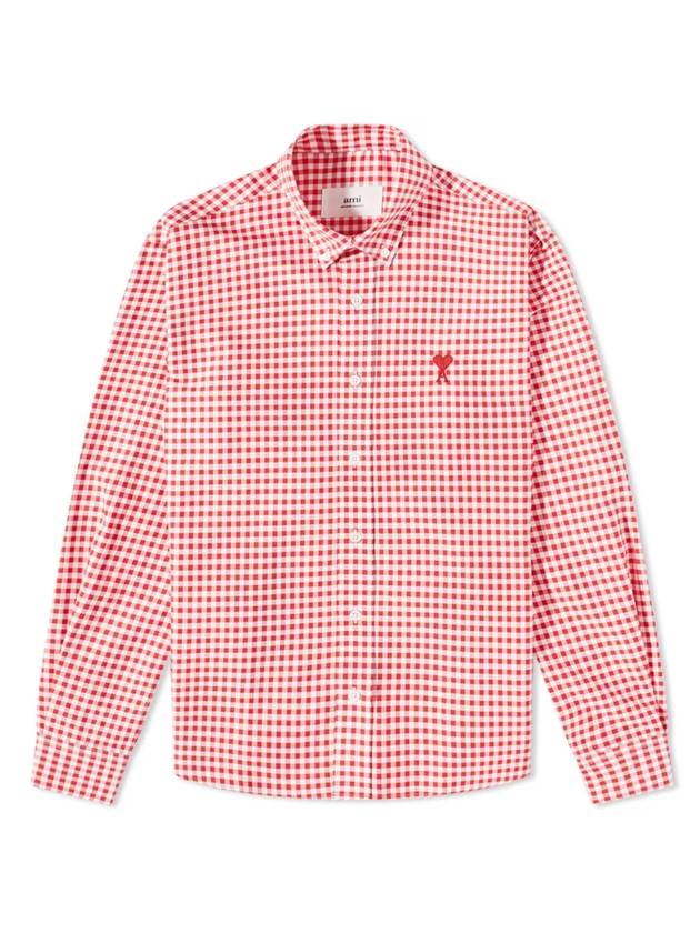 Small Heart Logo Gingham Button Long Sleeves Shirt Red - AMI - BALAAN 1