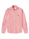 Small Heart Logo Gingham Button Long Sleeves Shirt Red - AMI - BALAAN 1