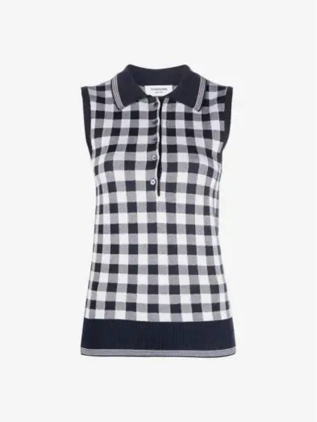 Gingham Silk Jacquard 4 Bar Polo Sleeveless Cardigan Navy - THOM BROWNE - BALAAN 3