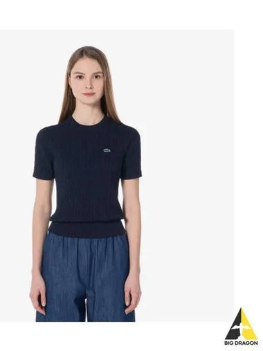 Women s Cable Short Sleeve Crew Neck Navy - LACOSTE - BALAAN 1