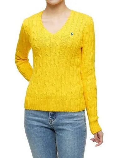 W cable knit cotton V neck sweater yellow - POLO RALPH LAUREN - BALAAN 1