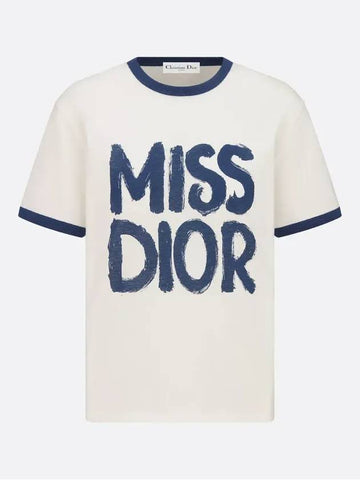 Miss Dior Graffiti Cotton Linen Short Sleeve T-Shirt Blue White - DIOR - BALAAN 1