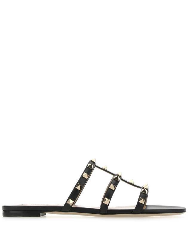 Women's Rockstud Flat Slide Sandals Black - VALENTINO - BALAAN.