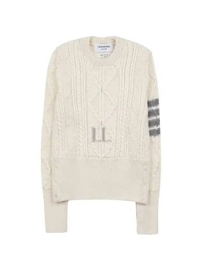 4 Bar Aran Cable Merino Crew Neck Pullover Knit Top White - THOM BROWNE - BALAAN 2