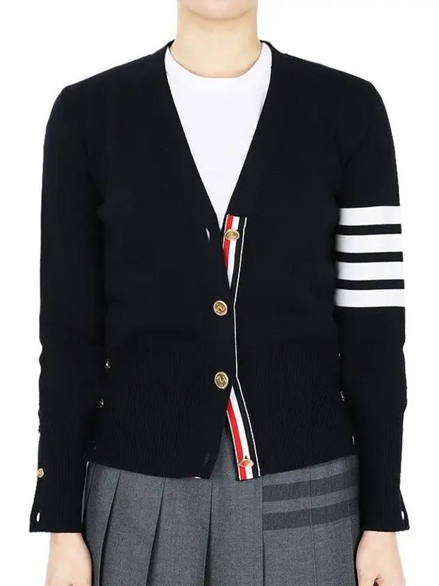 Milano Stitch 4 Bar Classic V Neck Fine Merino Wool Cardigan Navy - THOM BROWNE - BALAAN 3