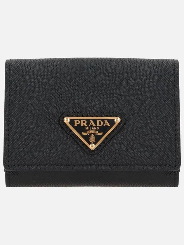 Women's Triangle Logo Saffiano Compact Half Wallet Black - PRADA - BALAAN 2