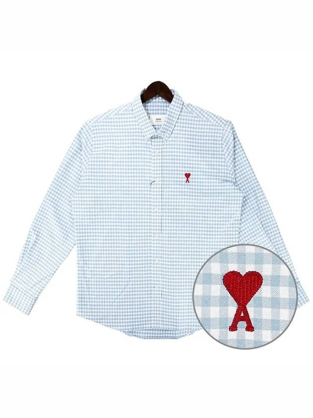 Small Heart Logo Gingham Button Long Sleeves Shirt Sky Blue - AMI - BALAAN 2