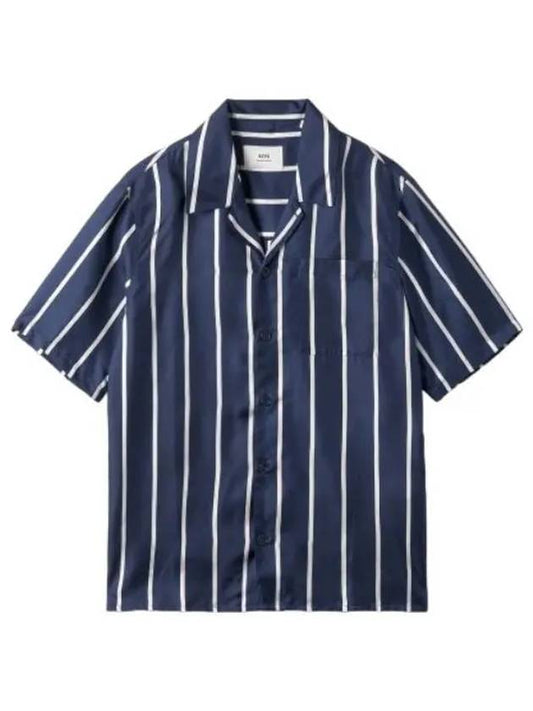 Striped short sleeve shirt navy - AMI - BALAAN 1