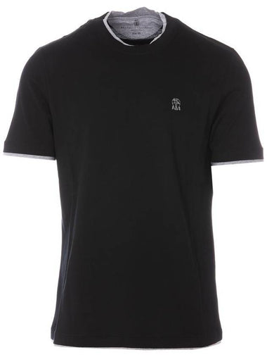 Men's Embroidered Logo Crew Neck Short Sleeve T-Shirt Black - BRUNELLO CUCINELLI - BALAAN 1