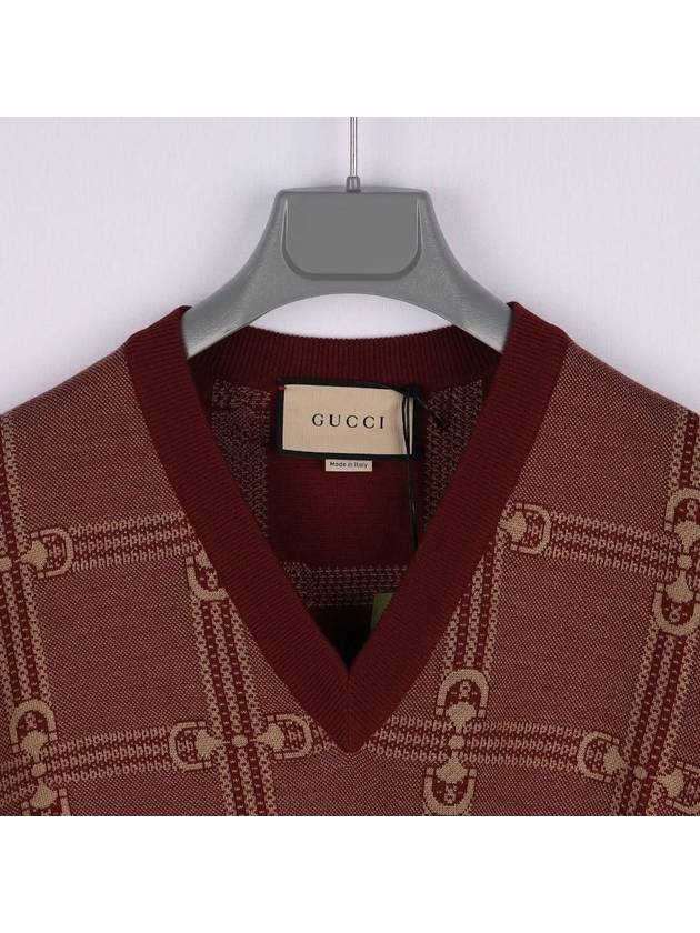 Horsebit V Neck Jacquard Wool Knit Top Red - GUCCI - BALAAN 4