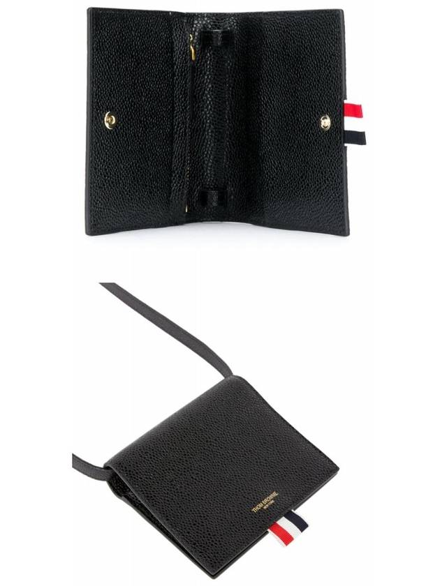 Pebble Calfskin Leather Card Holder With Strap Black - THOM BROWNE - BALAAN 6