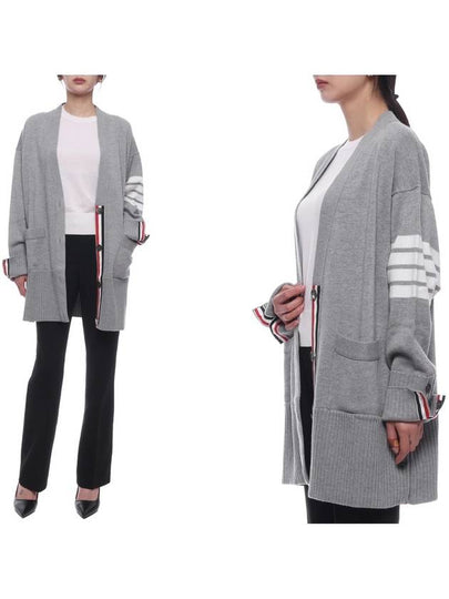 Fine Merino Wool 4-line Oversized Fit V-neck Cardigan Light Grey - THOM BROWNE - BALAAN 2