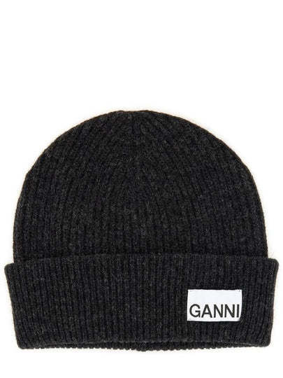 Logo Label Rib Knit Wool Beanie Dark Grey - GANNI - BALAAN 2