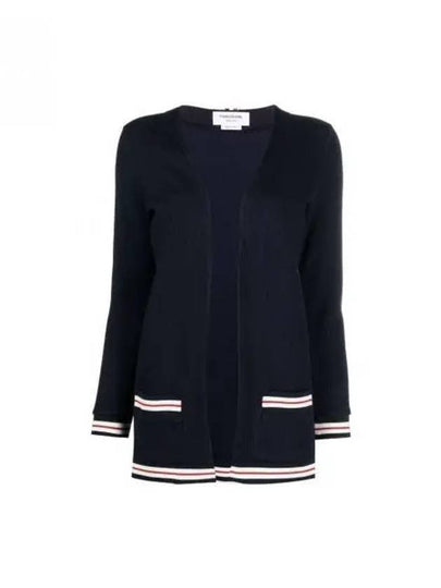 Cricket Stripe Lightweight Textured Cotton V-Neck Cardigan Navy - THOM BROWNE - BALAAN 2