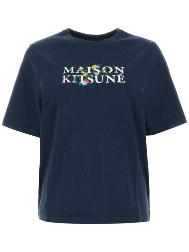 Flower Logo Print Short Sleeve T-Shirt Blue - MAISON KITSUNE - BALAAN 1