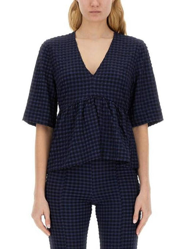 Stretch Seersucker V-Neck Peplum Blouse Navy - GANNI - BALAAN 1