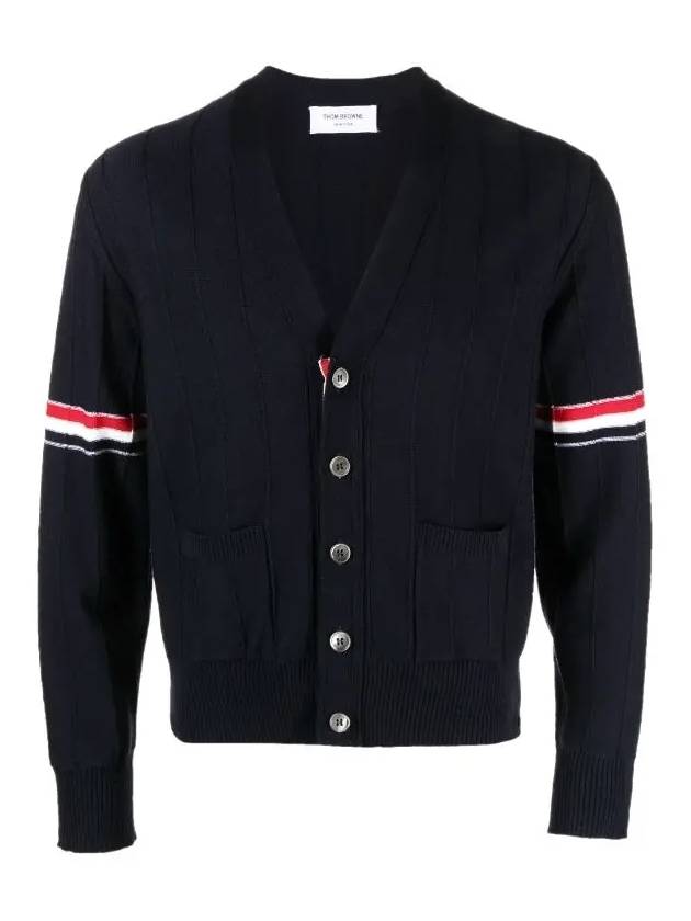 RWB V-neck Striped Virgin Wool Cardigan Navy - THOM BROWNE - BALAAN 3