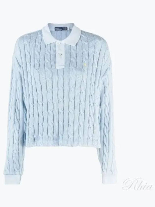 Embroidered Logo Pony Cable Long-Sleeve Collar Knit Top Blue - POLO RALPH LAUREN - BALAAN 2