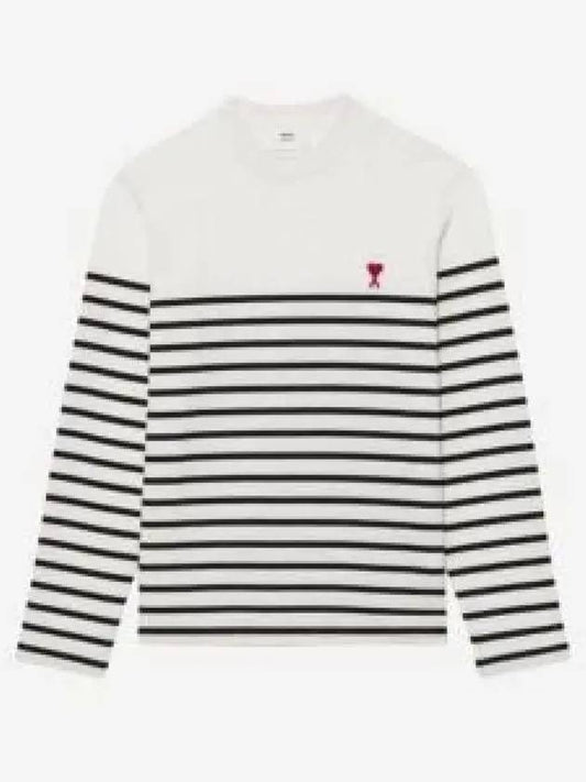 Men's Heart Logo Striped Long Sleeve T-Shirt White Black - AMI - BALAAN 2