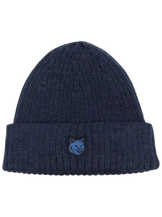 Bold Fox Head Patch Ribbed Beanie Ink Blue - MAISON KITSUNE - BALAAN 1