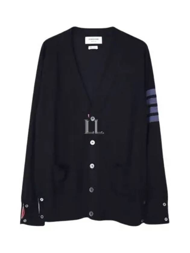 4-Bar Stripe Sustainable Merino Wool Cardigan Navy - THOM BROWNE - BALAAN 2