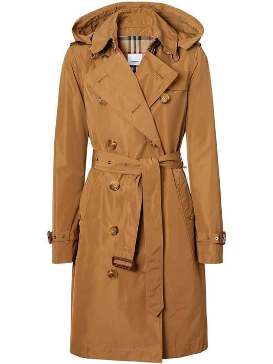 Women's Detachable Hooded Taffeta Trench Coat Camel - BURBERRY - BALAAN.