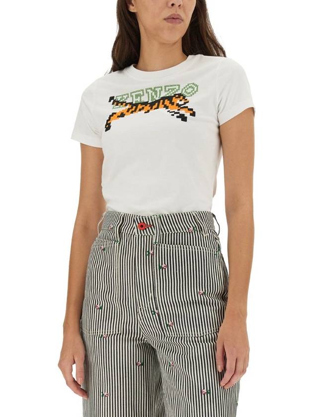 Women's Tiger Logo Pixel Short Sleeves T-Shirt White - KENZO - BALAAN 5