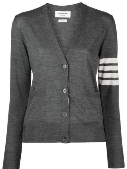 Sustainable Fine Merino Wool 4-Bar Relaxed Fit V-Neck Cardigan Medium Grey - THOM BROWNE - BALAAN 2