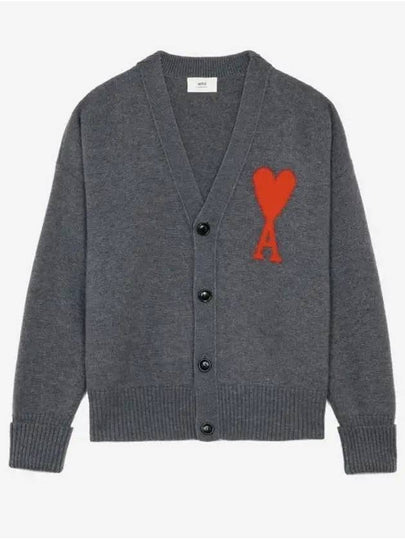 Heart Logo V Neck Wool Cardigan Heather Grey - AMI - BALAAN 2