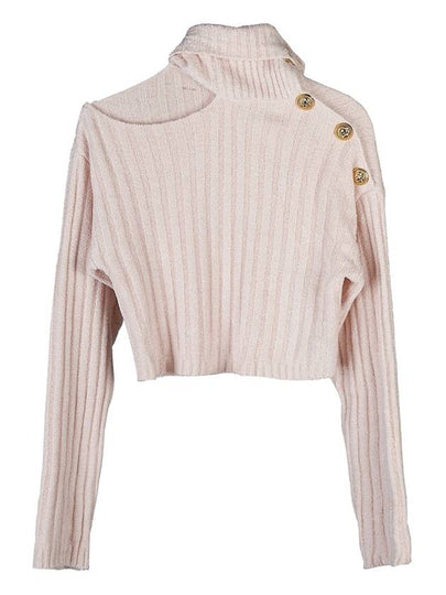 High-Neck Cut-Out Button Ribbed Knit Turtleneck Pink - BALMAIN - BALAAN 2