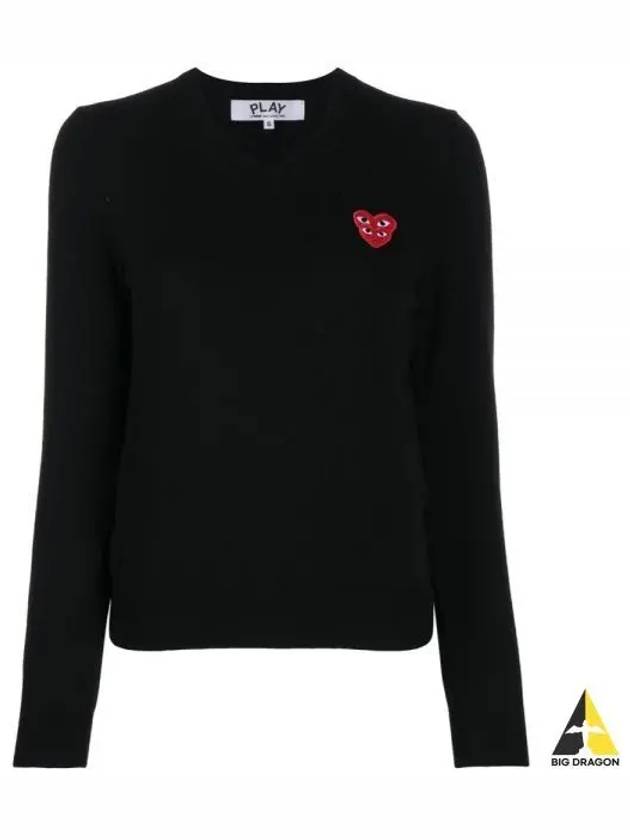 AZ N073 051 1 P1N073 Double Heart Wappen Wool V Neck Knit - COMME DES GARCONS - BALAAN 1