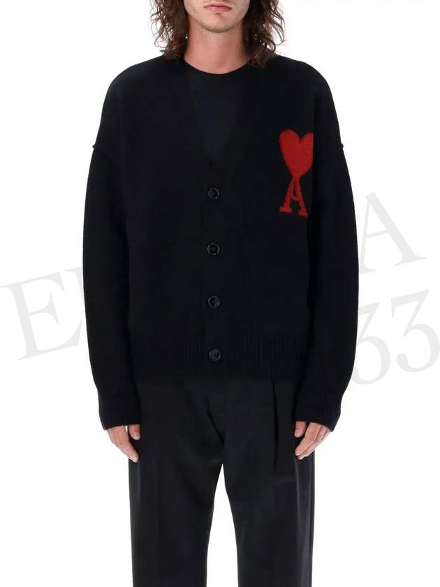 Heart Logo V Neck Wool Cardigan Black - AMI - BALAAN 6