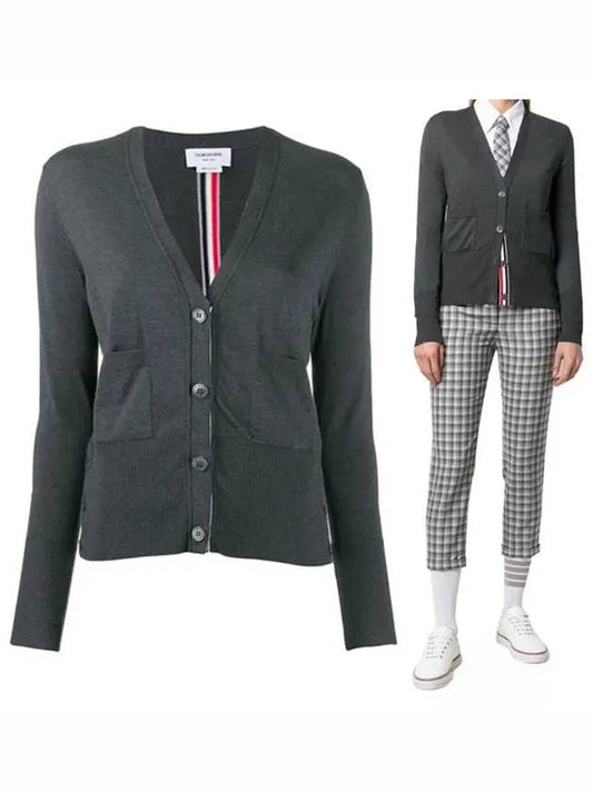 Silk Cotton Blend Relaxed V-Neck Cardigan Dark Grey - THOM BROWNE - BALAAN 2