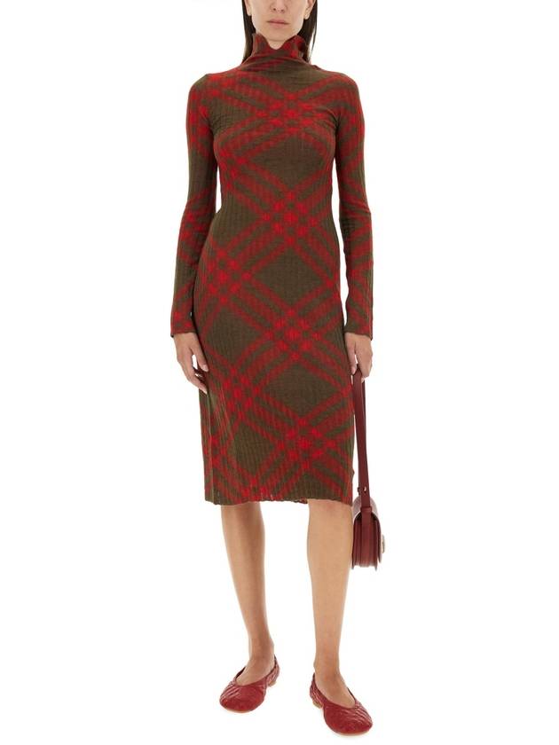 Check Turtleneck Wool Blend Midi Dress Brown Red - BURBERRY - BALAAN 3