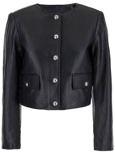 Black Cropped Jacket With Shoulder Pads In Leather Woman - MICHAEL KORS - BALAAN 1