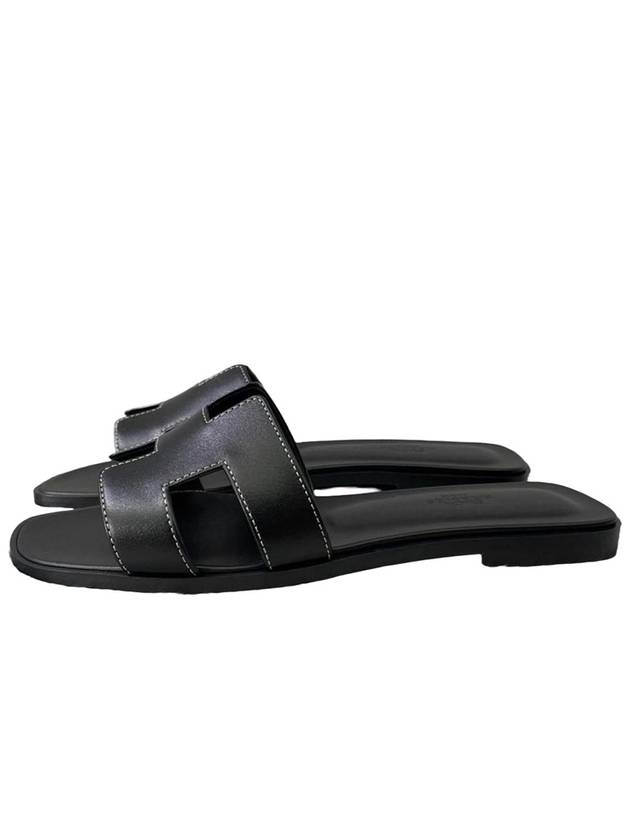 Oran Calfskin Slippers Noir Piqures Ecrues Black - HERMES - BALAAN 4