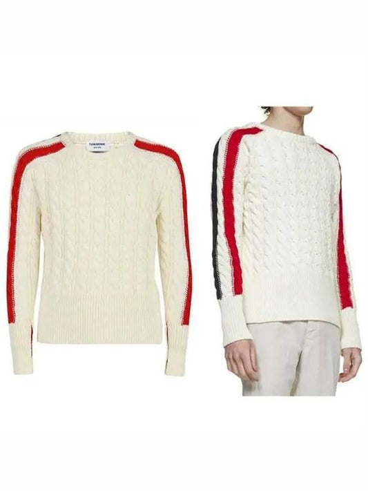Men's Three Stripes Merino Wool Cable Knit Top White - THOM BROWNE - BALAAN 2