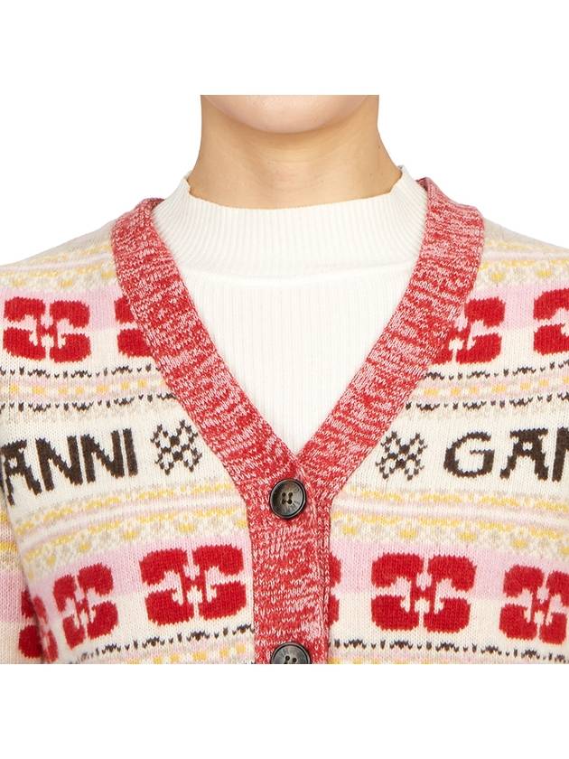 Logo V-neck Wool Blend Cardigan Red - GANNI - BALAAN 7