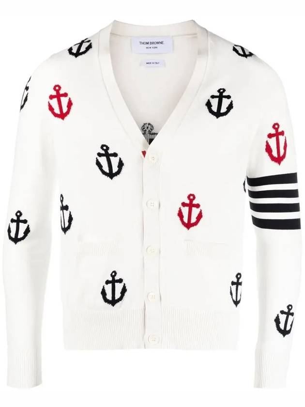 Anchor Intarsia 4-Bar V-Neck Cardigan White - THOM BROWNE - BALAAN 3