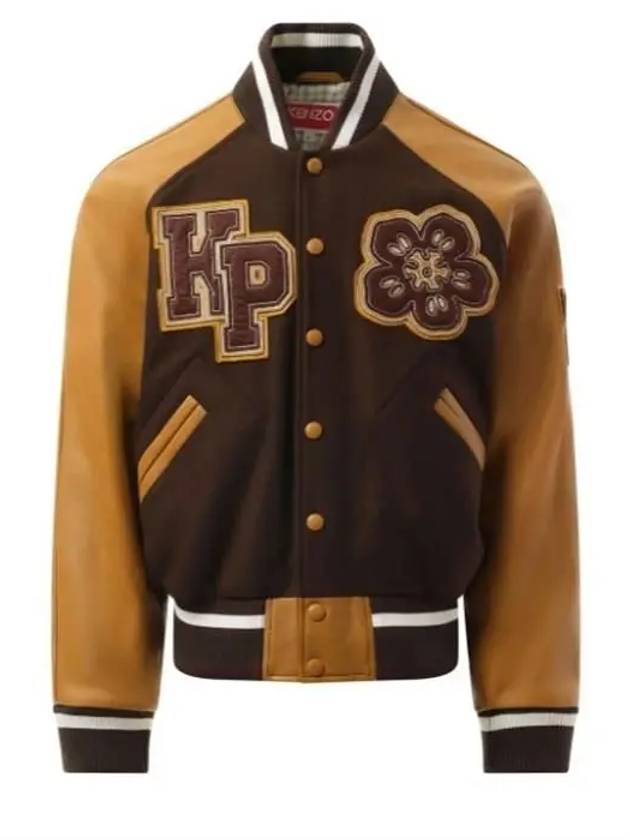 Boke Flower Leather Patch Varsity Jacket Dark Brown - KENZO - BALAAN 2