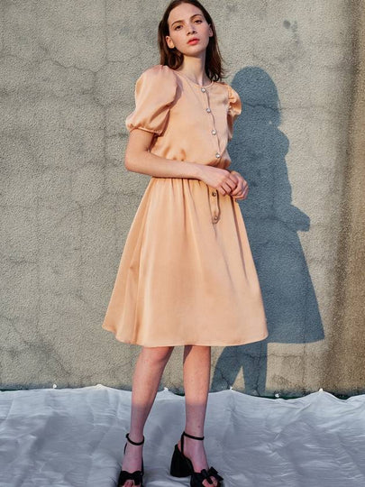 Jacqueline Puff Sleeve Satin Midi Dress Peach - SORRY TOO MUCH LOVE - BALAAN 2