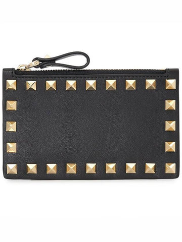 Rockstud Zipper Card Wallet Black - VALENTINO - BALAAN 1