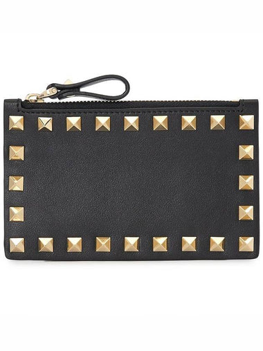 Rockstud Zipper Card Wallet Black - VALENTINO - BALAAN 1