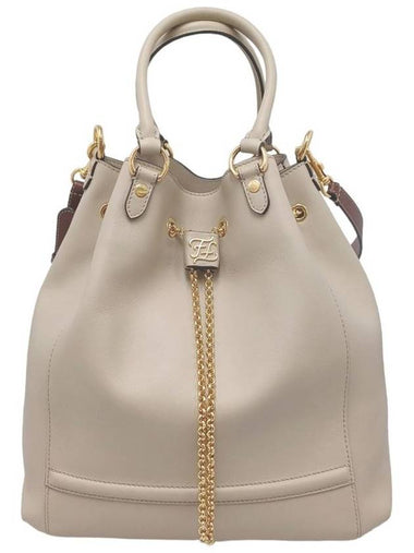 Women s 8BT322 Beige Leather Chain Bucket Shoulder Bag - FENDI - BALAAN 1