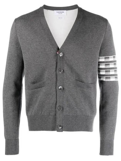 4-Bar V-Neck Hector Jacquard Cotton Cardigan Grey - THOM BROWNE - BALAAN 2