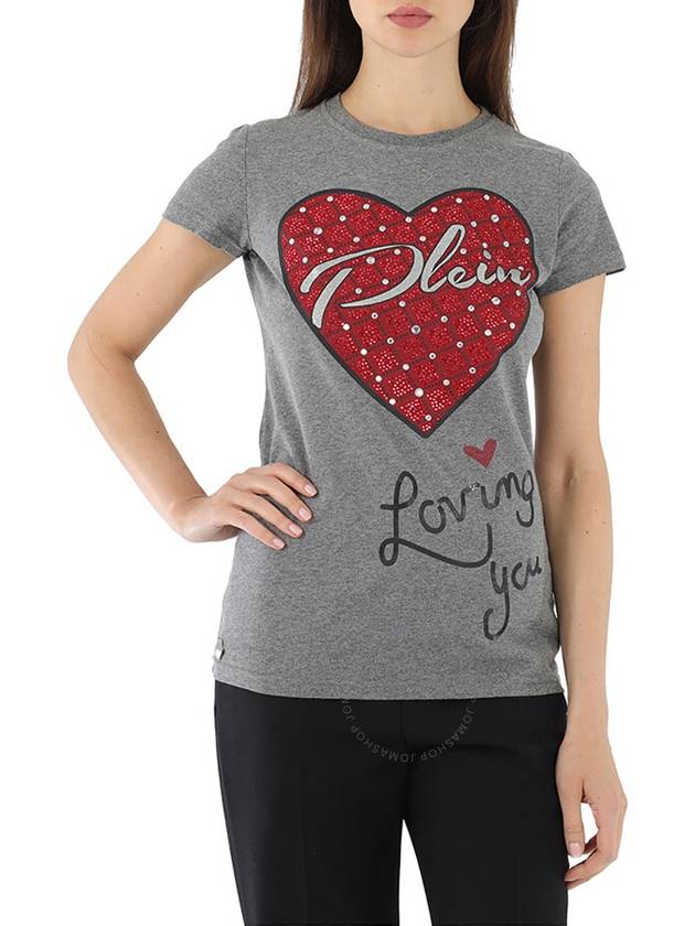 Philipp Plein Grey/Multi Crystal Heart Printed Cotton Jersey T-shirt, Size X-Small - PHILIPP PLEIN - BALAAN 1