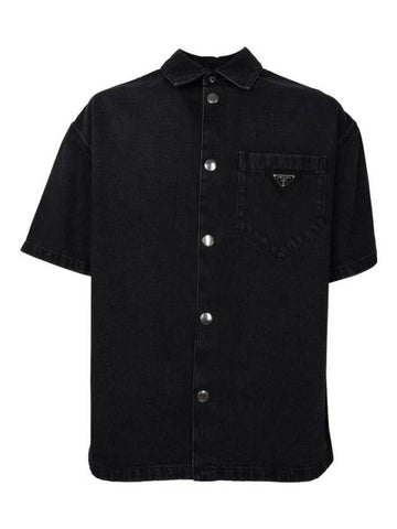 Denim Short Sleeve Shirt Black - PRADA - BALAAN 1