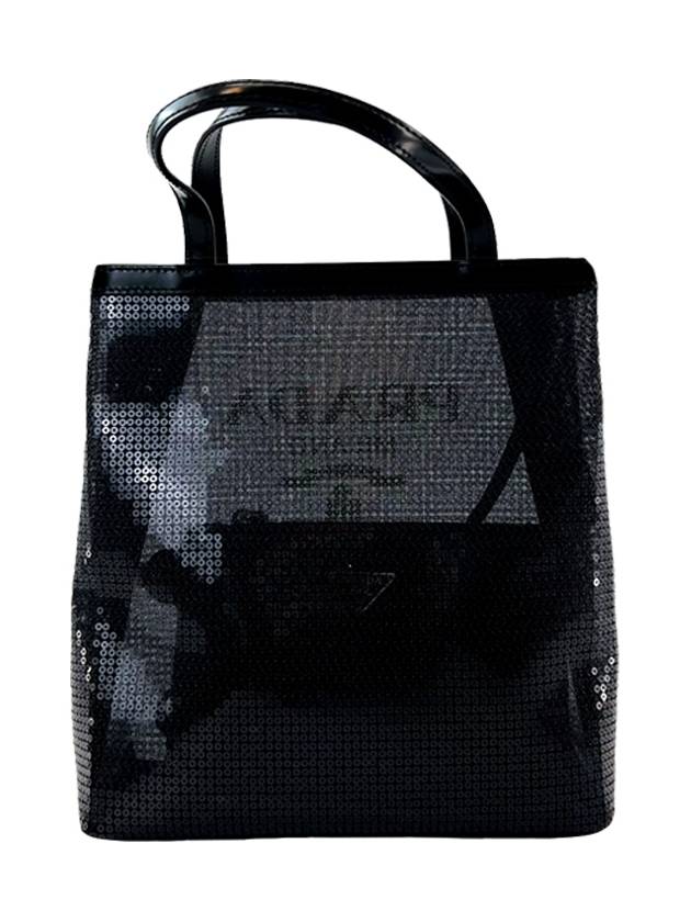 Logo Sequin Mesh Small Tote Bag Black - PRADA - BALAAN.